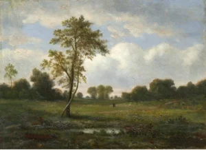 Landscape painting with a leaning tree beside a marshy field, low hills, clouds, and tiny figures in the distance.