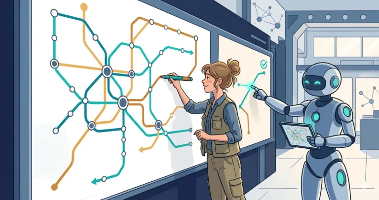 Illustration of a subway metro map with stations connected by colored lines, primary stations larger and secondary stations smaller, a woman cartographer drawing new connections while a robot verifies the routes, representing Availability Group topology mapping
