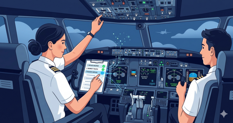 An airline cockpit where a woman pilot works through a laminated failover checklist, flipping switches in sequence with status indicators showing progress.