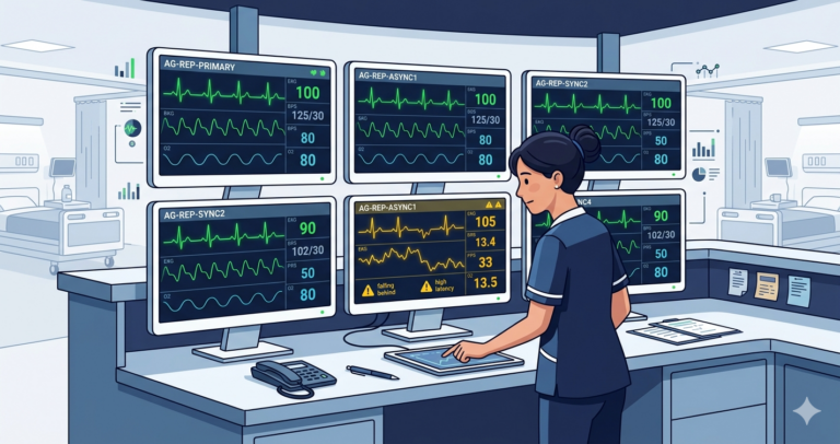 A hospital nurse's station with patient monitors showing vital signs for AG replicas. Most display healthy greens; one shows amber warnings as a woman nurse reaches for the chart.
