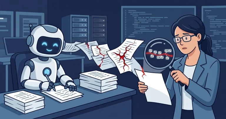 A friendly robot writes SQL files at a desk while a woman DBA notices cracks in the papers, revealing corrupted line endings under a magnifying glass