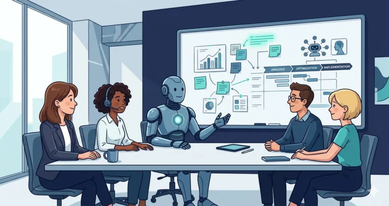 Illustration of a team meeting around a conference table with several people prominently featuring women and a robot sitting as an equal team member, all looking at a shared whiteboard with a project plan
