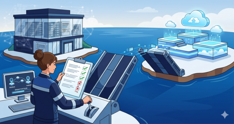 A drawbridge between an on-premises data center island and a cloud platform island. A woman engineer checks a compatibility list before lowering the bridge, some items flagged as blockers.