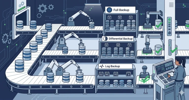 An automated factory floor where robotic arms sort database backups into organized lanes by type. A verification station stamps each one as a woman engineer oversees the operation.