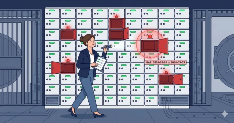 A bank vault wall of safety deposit boxes — most secured with green lights, but several hang open with red warnings. A woman vault manager audits each box against her checklist.