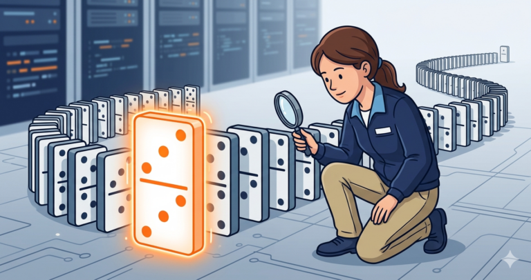 A long line of dominoes with the first one glowing and oversized. A woman DBA examines the head domino with a magnifying glass, tracing the blocking chain to its source.