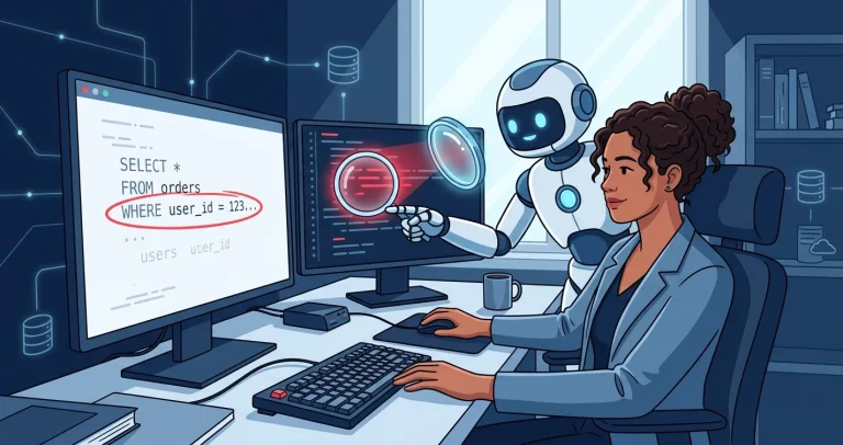 A woman DBA at a desk reviewing SQL code while a friendly robot assistant highlights a bug on a second screen with a glowing magnifying glass