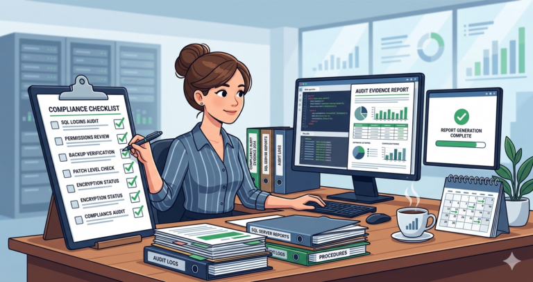 A woman DBA at a desk with organized evidence folders, checking off a compliance checklist while her screen shows queries automatically formatted into audit reports.