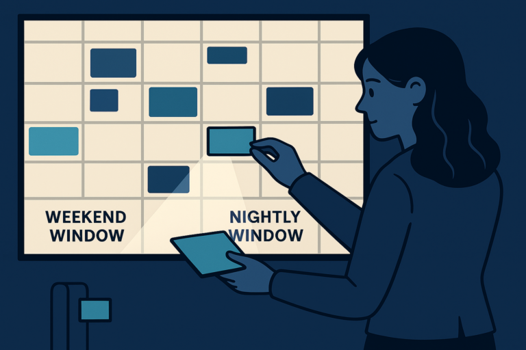 A woman DBA fitting colored blocks of varying sizes into limited time slots on a scheduling board, solving the puzzle of fitting integrity checks into maintenance windows.