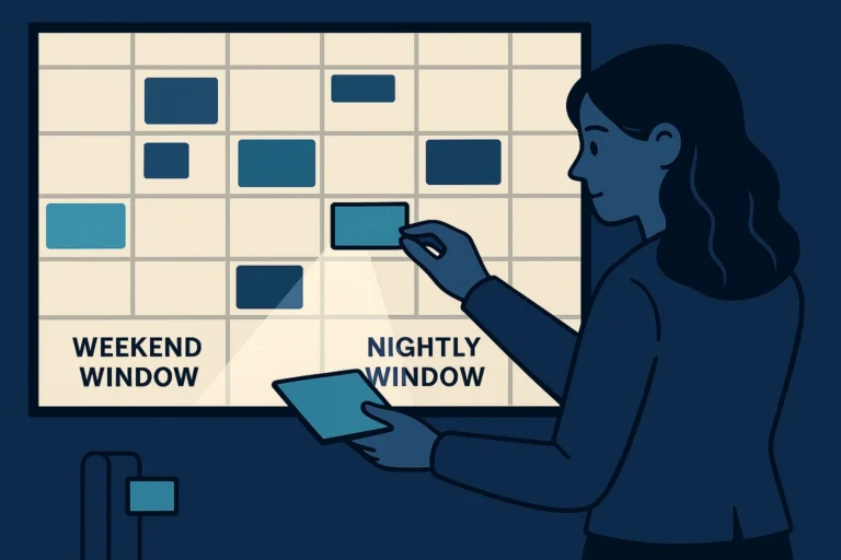 A woman DBA fitting colored blocks of varying sizes into limited time slots on a scheduling board, solving the puzzle of fitting integrity checks into maintenance windows.
