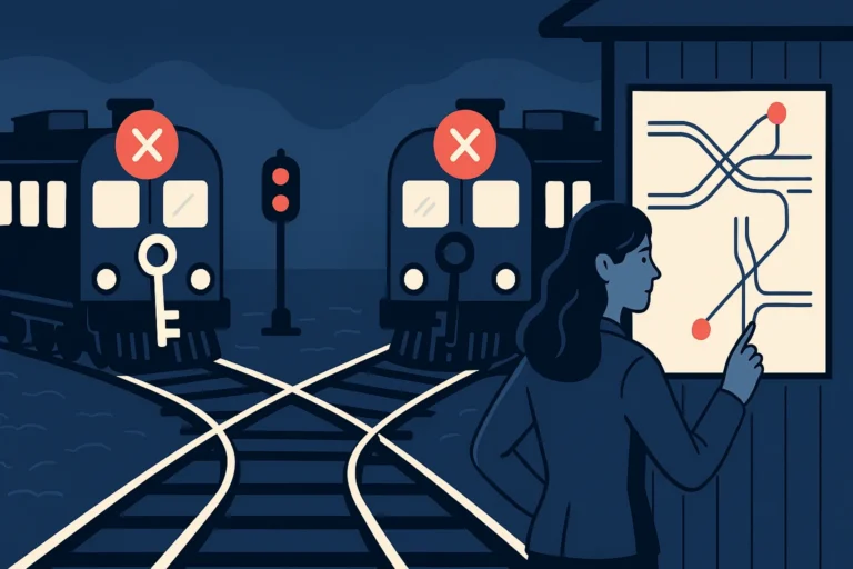 Two trains facing each other at a junction, each blocking the other's path. A woman railway controller at a signal tower studies the track diagram to determine which train to reroute.