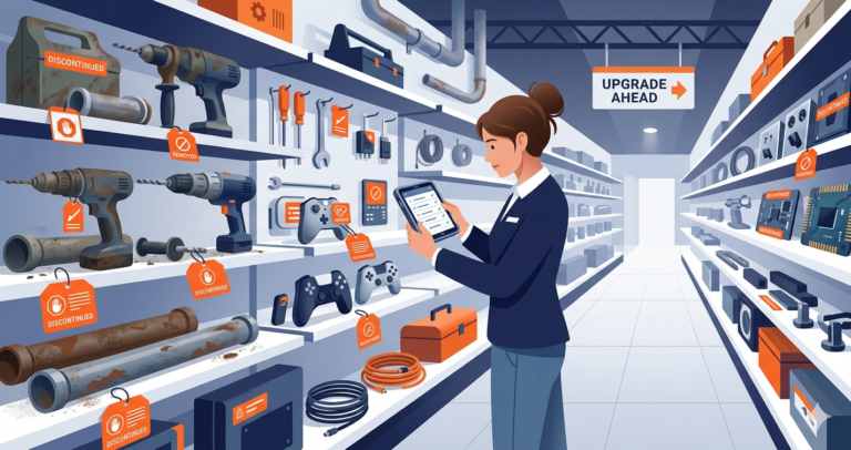 A hardware store aisle with items marked DISCONTINUED. A woman manager scans each one before an upgrade, cataloging deprecated features before they're removed.