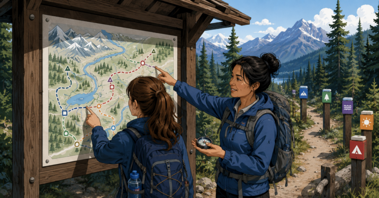 A national park trailhead where a young woman hiker studies a trail map while an experienced woman hiker points out a shortcut and offers a compass. Colored trail markers lead into the forest.