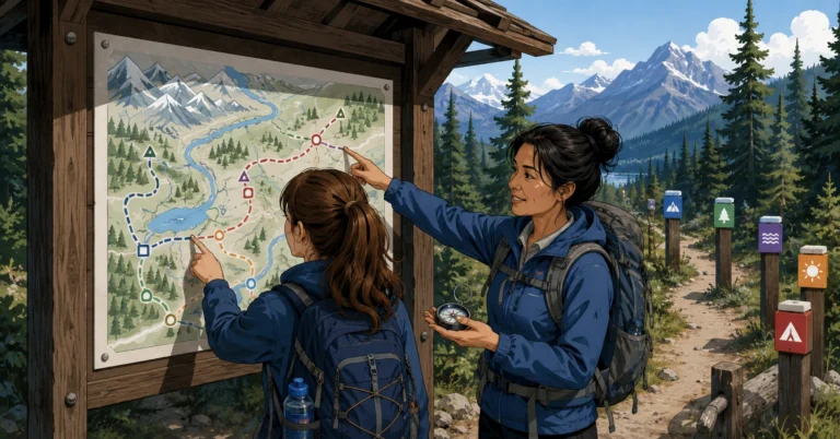 A national park trailhead where a young woman hiker studies a trail map while an experienced woman hiker points out a shortcut and offers a compass. Colored trail markers lead into the forest.