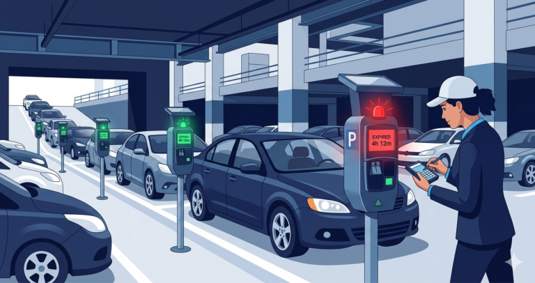 A parking garage where one meter has expired while its car sits idle, blocking a line of waiting vehicles. A woman attendant approaches the expired meter to investigate.