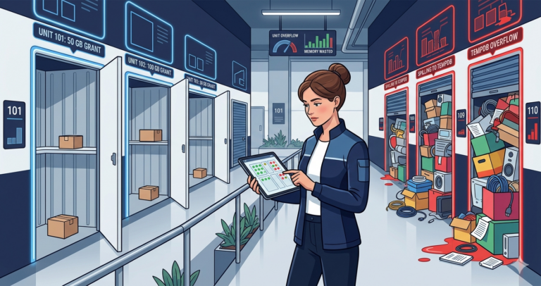A self-storage facility where some units are nearly empty despite large reservations, while others overflow. A woman facility manager audits the misallocation on her tablet.