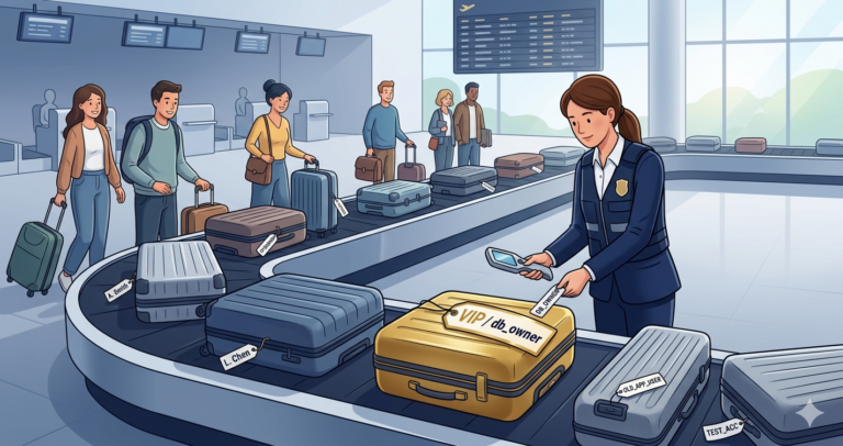 An airport baggage carousel with unclaimed suitcases circling endlessly. A woman security officer scans tags, flagging one orphaned bag marked VIP as a security risk.