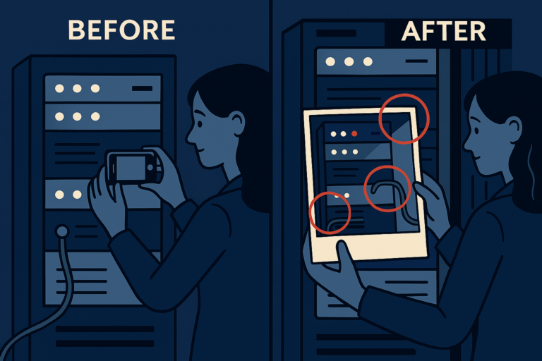 Split scene: on the left, a woman DBA photographs a server room in detail. On the right, she compares the photo to the post-patch room, circling differences in red.