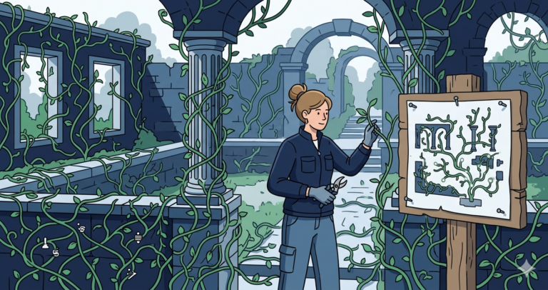 An overgrown garden with vines sprawling in every direction. A woman gardener traces each vine back to its root while referencing a partially completed garden map.
