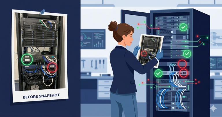 A woman QA inspector compares a before-migration snapshot photograph against the live system, marking matches with green checks and discrepancies with red circles.