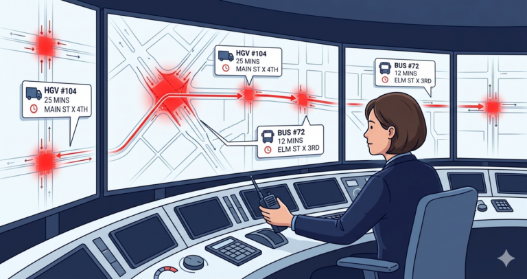 A traffic control center with screens showing cascading road blockages traced to one source intersection. A woman controller reaches for the dispatch radio, ready to act on the detailed information.