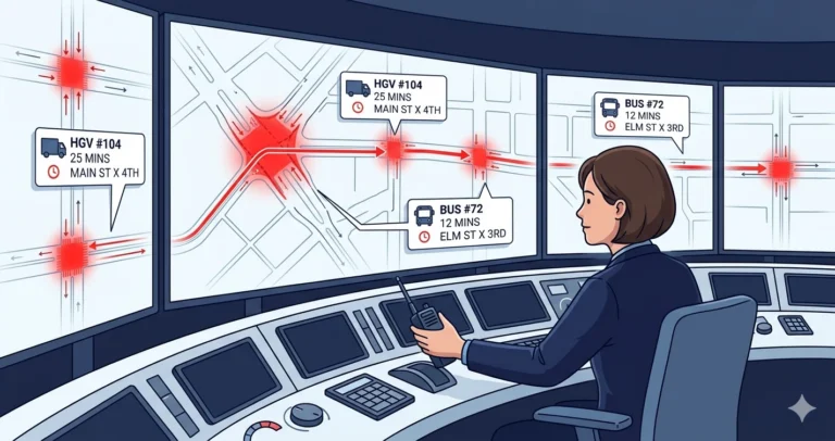 A traffic control center with screens showing cascading road blockages traced to one source intersection. A woman controller reaches for the dispatch radio, ready to act on the detailed information.
