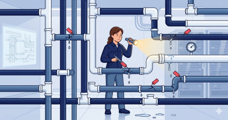 A woman plumbing inspector examines a wall of pipes with a flashlight, tagging the ones with cracks where unfiltered input could leak into the system.