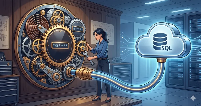 A woman DBA adjusting gears on a large clockwork mechanism connected to a glowing cloud database, with small timer displays showing cron schedules.