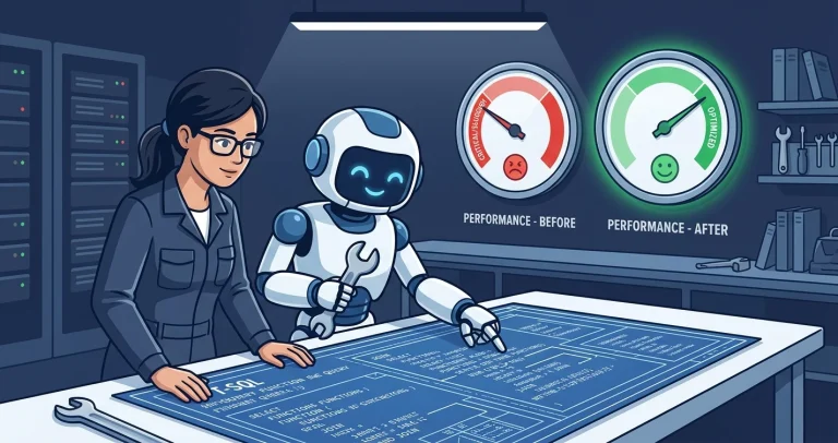 A woman DBA and a friendly robot examine a SQL query blueprint at a workbench, with before and after performance gauges showing improvement