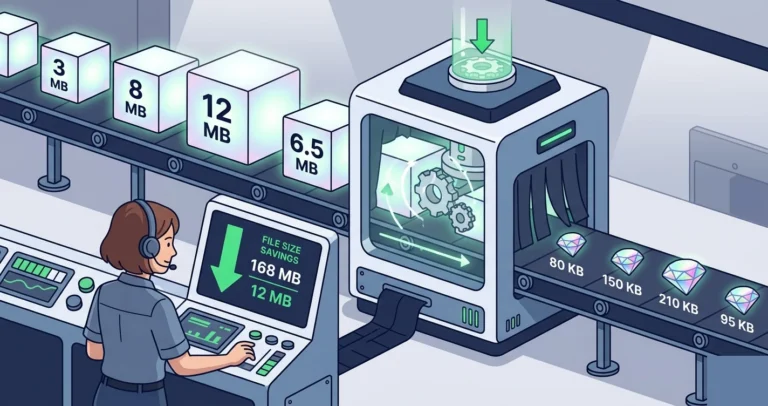 A factory conveyor belt where oversized PNG cubes pass through a compression machine and emerge as tiny polished WebP gems, monitored by a woman engineer