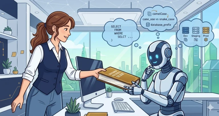 Illustration of a woman handing a thick instruction manual to a robot that reads it intently, with thought bubbles showing SQL formatting preferences, naming conventions, and environment details