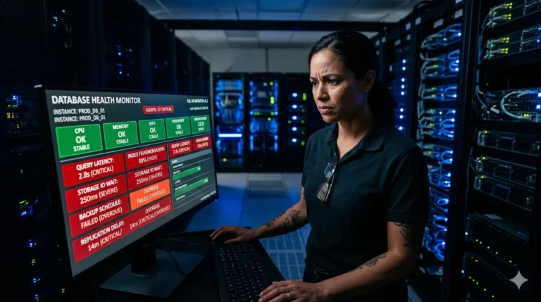 A woman DBA reviewing database health check alerts on a monitoring dashboard in a server room