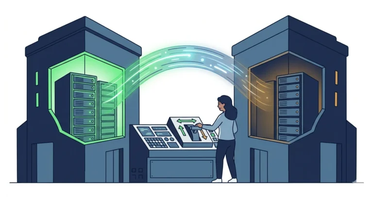 Illustration of two data center buildings connected by a glowing data bridge, with a woman DBA at a control panel orchestrating failover between them