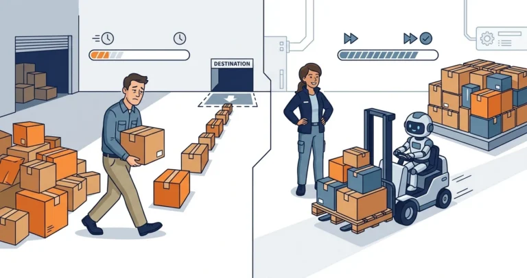 Illustration of a contrast showing a person slowly carrying one item at a time from a pile on the left, while on the right a woman operates a modern machine that processes all items simultaneously, representing replacing cursors with set-based SQL