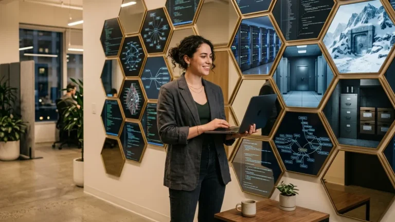 Stylized illustration of hexagonal mirrors reflecting different code repository storage options
