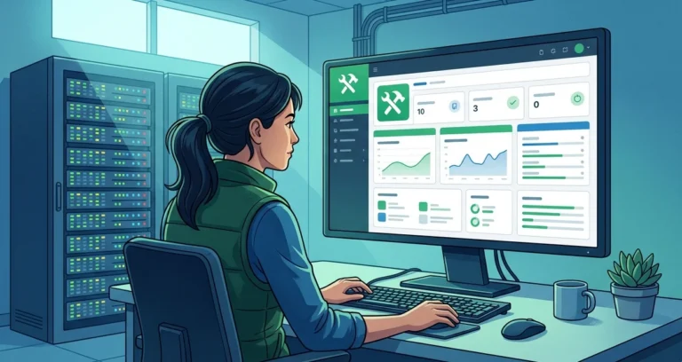 Woman systems administrator at a workstation with Forgejo dashboard on screen and a server rack in the background