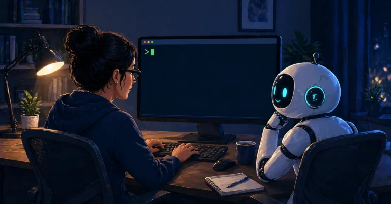 Illustration of a woman and a robot co-pilot sitting together at a terminal with a blinking cursor, representing getting started with an AI coding assistant