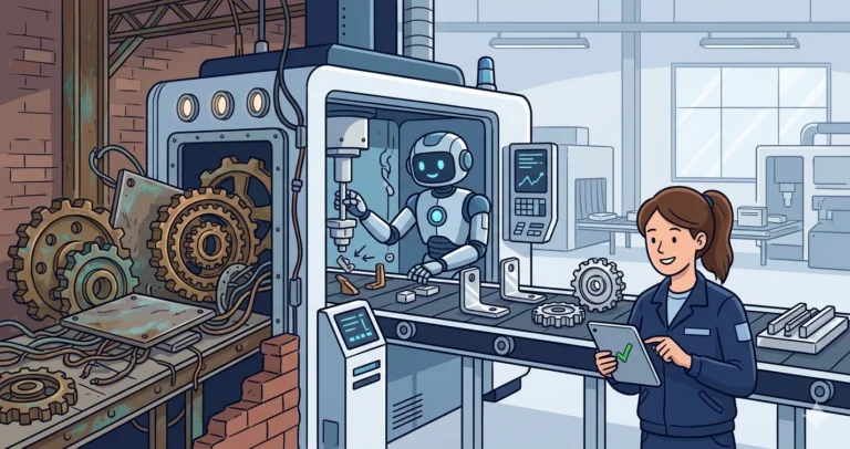 Illustration of a factory assembly line where old-style gears and parts enter on the left, pass through a modernization machine operated by a robot, and emerge on the right as sleek standardized components, with a woman inspector approving the output