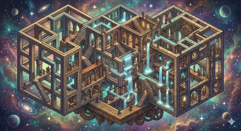 First AI attempt at an impossible tesseract: an ornate Escher-style building with waterfalls and robed figures, floating in a nebula. Beautiful, but not a tesseract.