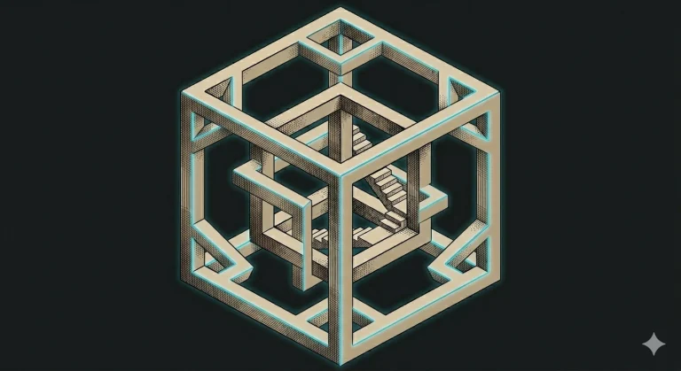 Third attempt after providing a Penrose triangle reference: the connecting edges now have contradictory depth ordering, creating genuine impossible geometry.