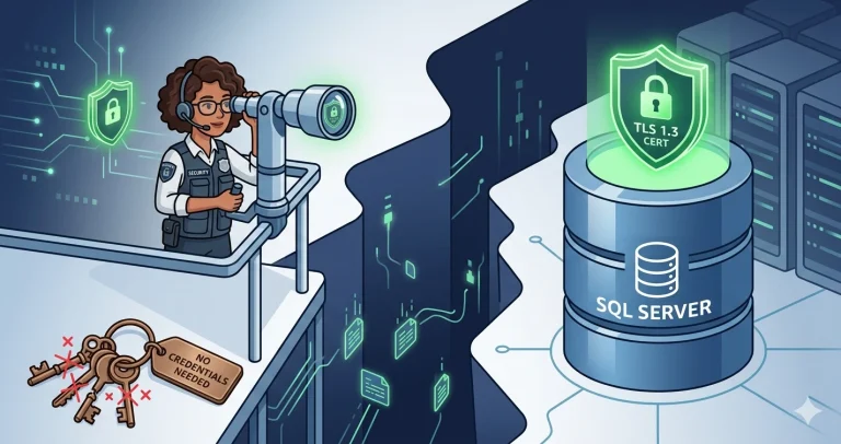 A woman security analyst uses a telescope to examine a glowing TLS certificate on a SQL Server database from across a network boundary, with crossed-out keys nearby