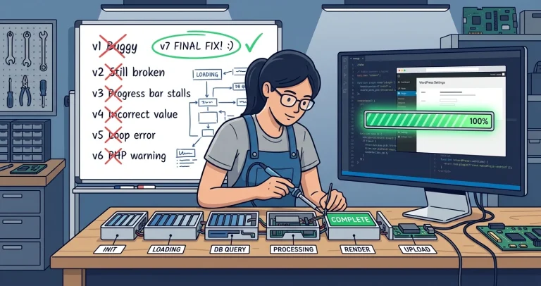 A woman engineer at a workbench repairs a disassembled progress bar, with a whiteboard showing seven iterations behind her and a monitor displaying a full 100% progress bar
