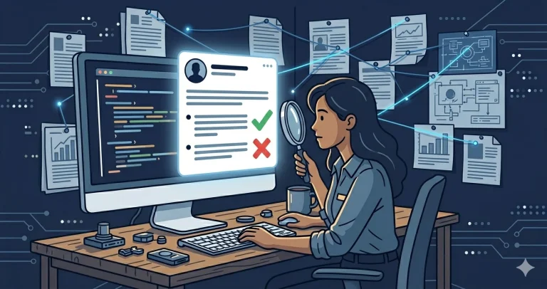 A woman data scientist examines a floating social media post with a magnifying glass, checking claims against evidence pinned to a wall behind her