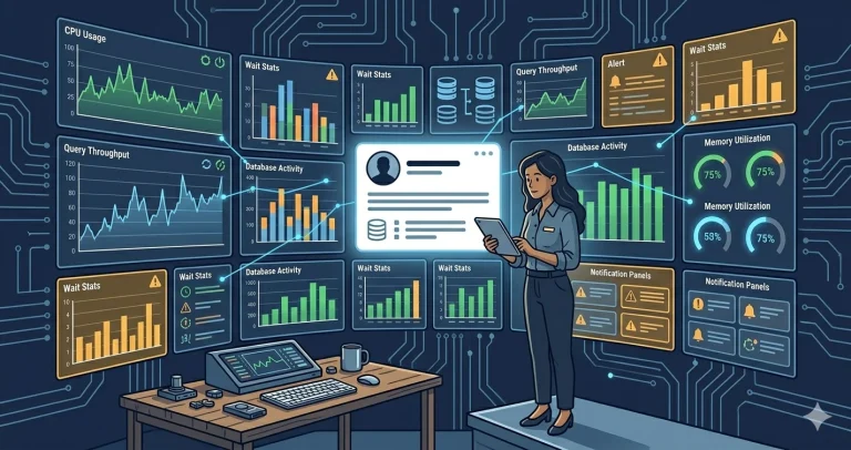A woman DBA monitors SQL Server performance dashboards showing CPU graphs, wait stats, memory gauges, and alert notifications
