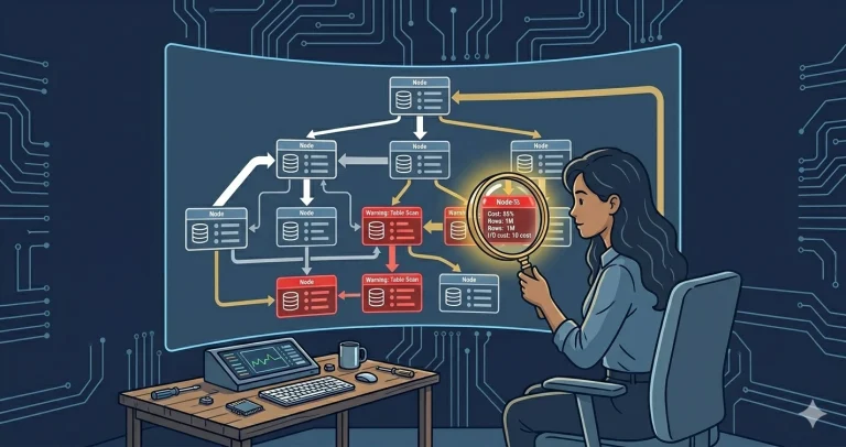 A woman developer analyzes a holographic SQL Server execution plan tree with warning nodes highlighted in red