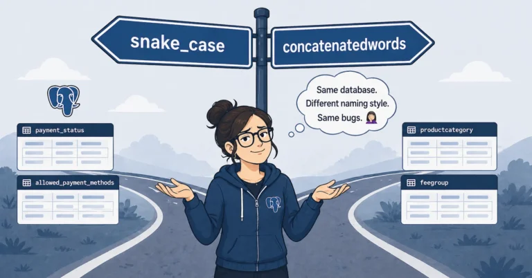 A woman engineer stands at a fork in the road, with signs pointing to snake_case and concatenatedwords