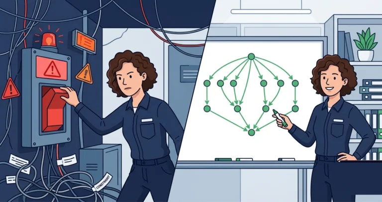 Split scene: on the left a chaotic red warning switch for disabling constraints, on the right a woman DBA confidently standing next to an orderly directed graph on a whiteboard