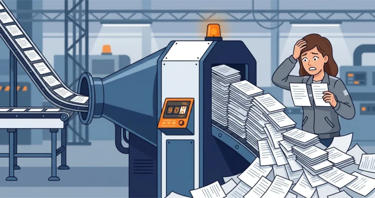 Factory assembly line where identical message slips enter a funnel machine and cascade out as growing duplicate stacks, with a woman engineer looking exasperated
