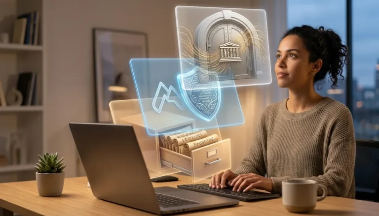 Woman at a workstation with three translucent layers representing code backup strategies: archive vault, shield, and filing cabinet