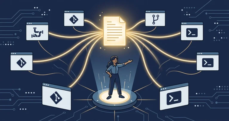 A woman engineer directing glowing threads from a central document to multiple repository screens, representing shared Copilot instructions